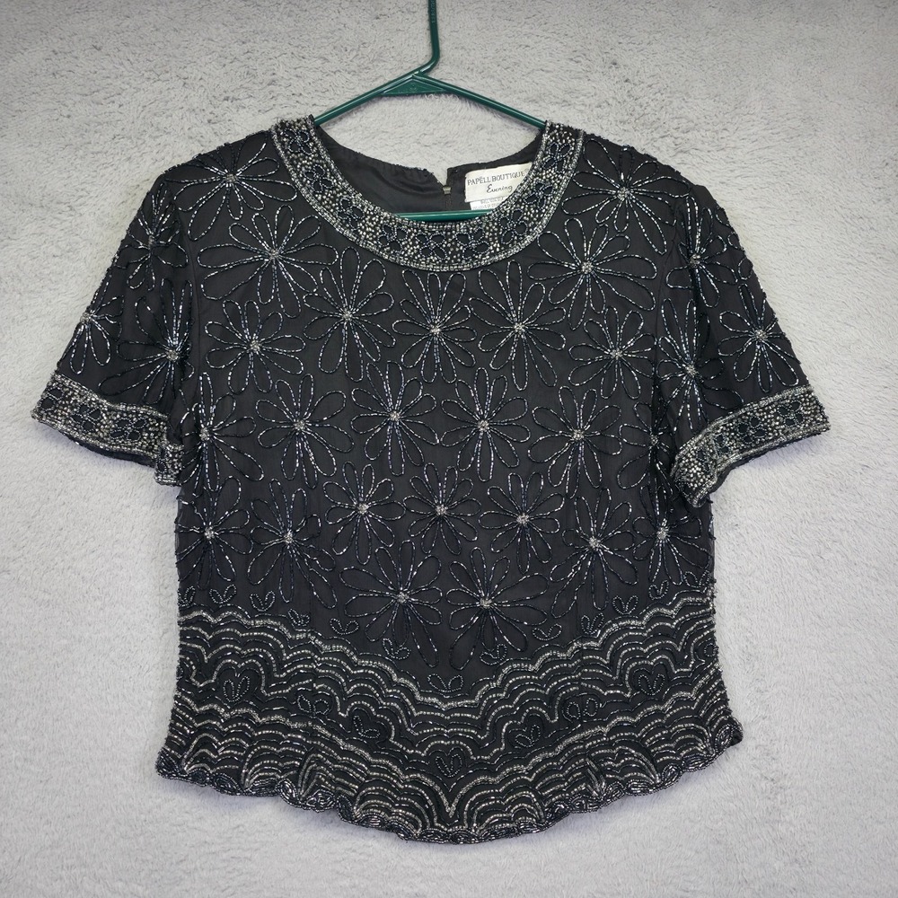 Vintage Papell Boutique Evening Top Womens L Black Silk Beaded Formal Glam Party - Picture 2 of 16
